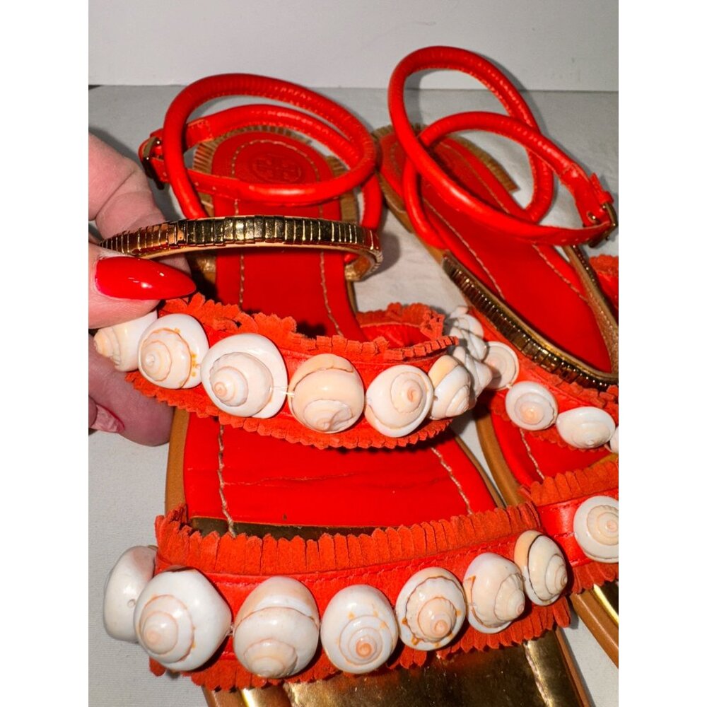 Tory Burch Shell Embellished Red Strappy Sandals Gold Accents Size 9 - Picture 6 of 6